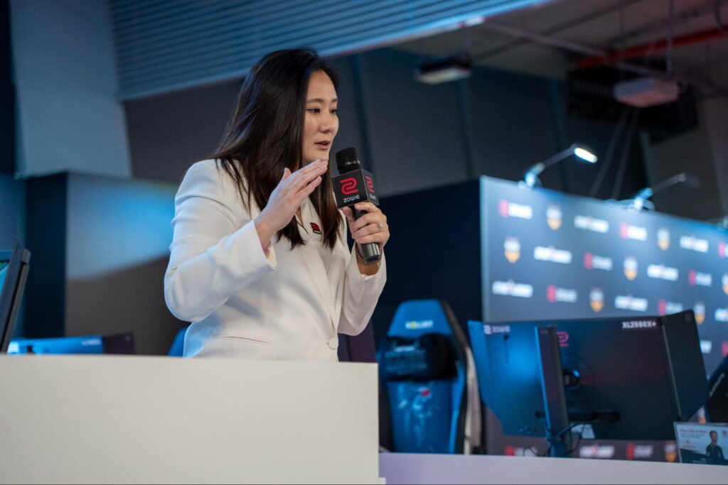 ZOWIE representative presenting esports performance insights during the Budapest media tour