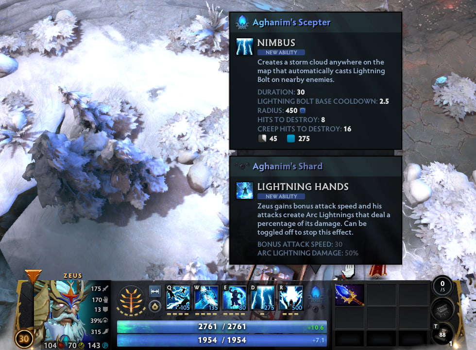 A Dota 2 screenshot showing Zeus unlocking the Nimbus ability through an Aghanim’s Scepter upgrade