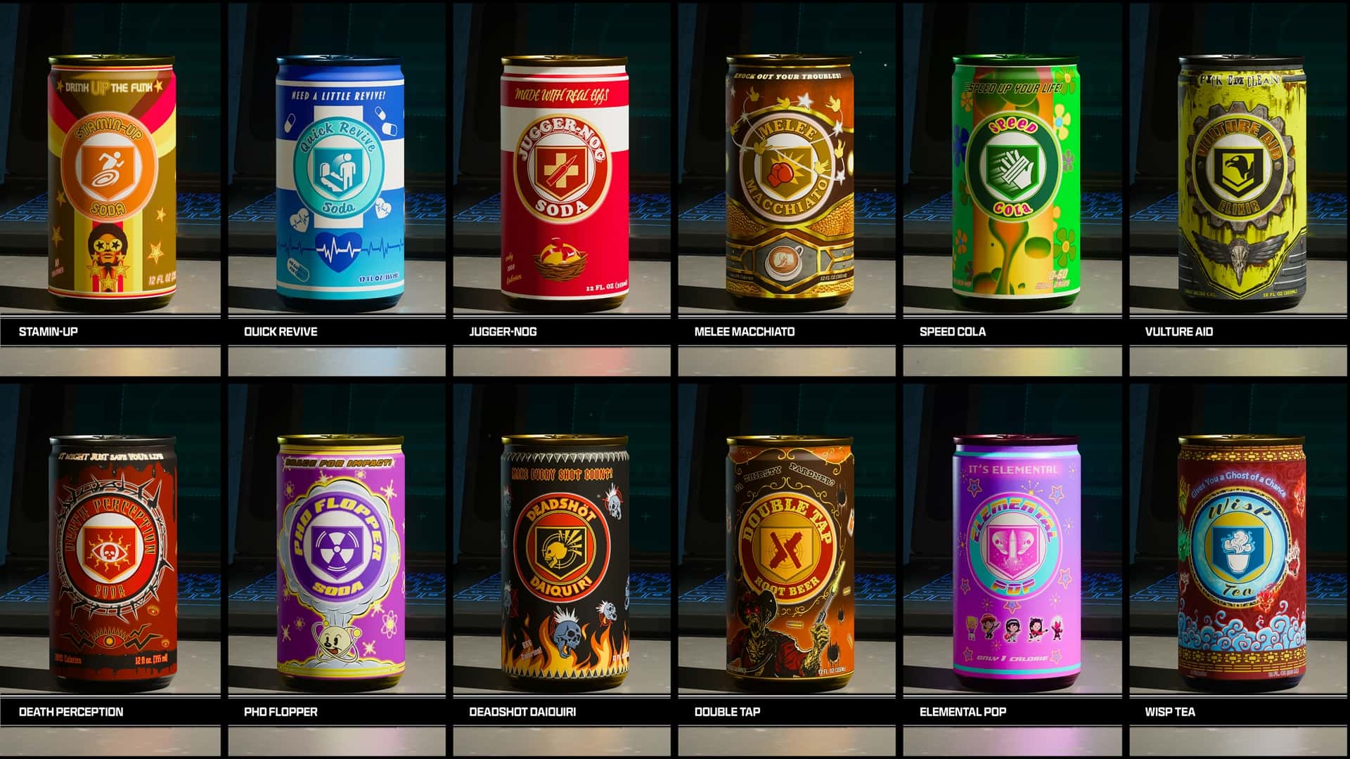 A lineup of colorful perk drink cans appears on a vending display in Black Ops 7 Zombies mode