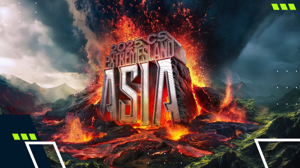 A dramatic volcanic scene highlights the CS Asia ExtremeLand 2025 tournament branding and event logo