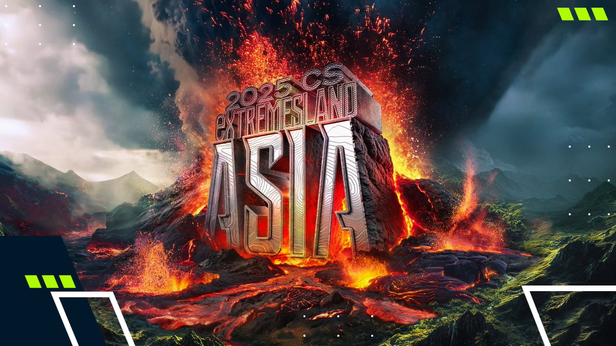 A dramatic volcanic scene highlights the CS Asia ExtremeLand 2025 tournament branding and event logo