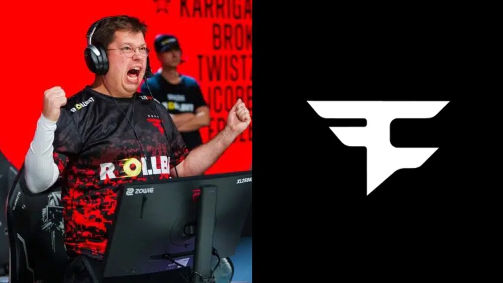 side by side image of new faze clan logo with picture of karrigan at starladder budapest major 2025