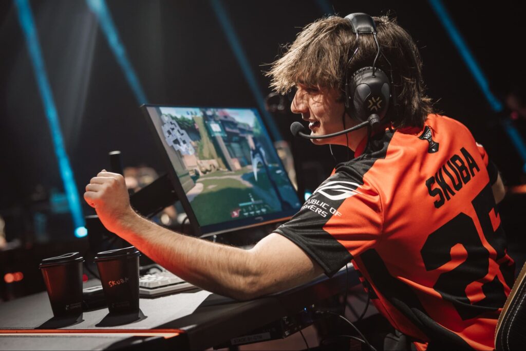 NRG player skuba celebrates a clutch moment while competing on stage in VALORANT