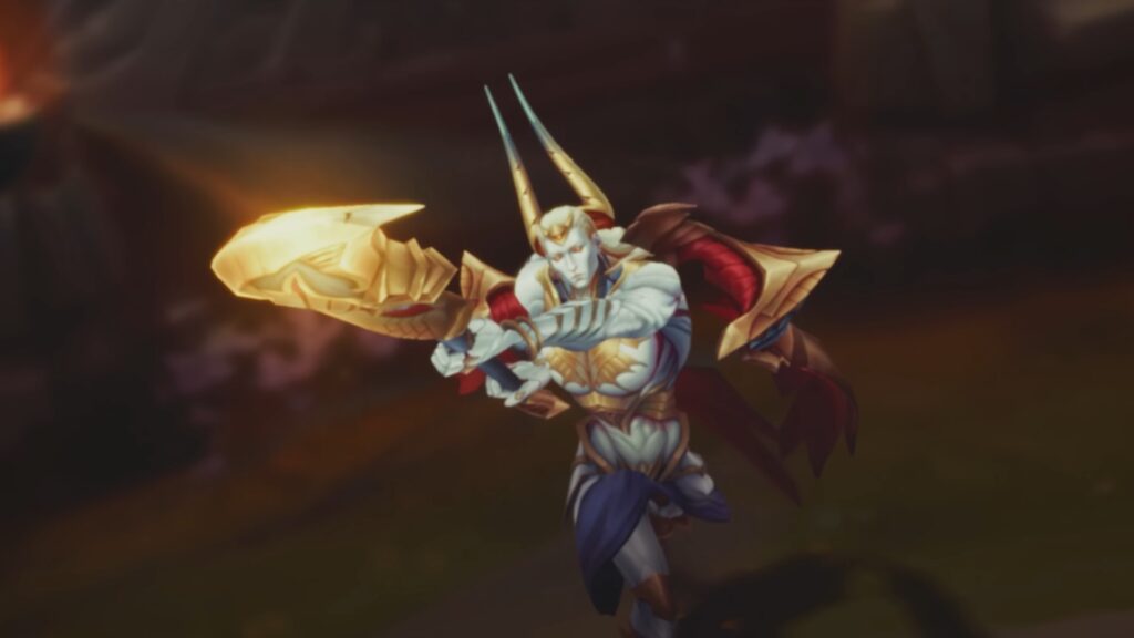 Aatrox wielding a massive blade during a League of Legends Arena fight