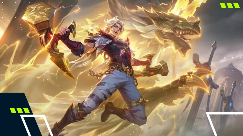 Mobile Legends: Bang Bang hero leaping into battle with glowing weapon and golden dragon spirit