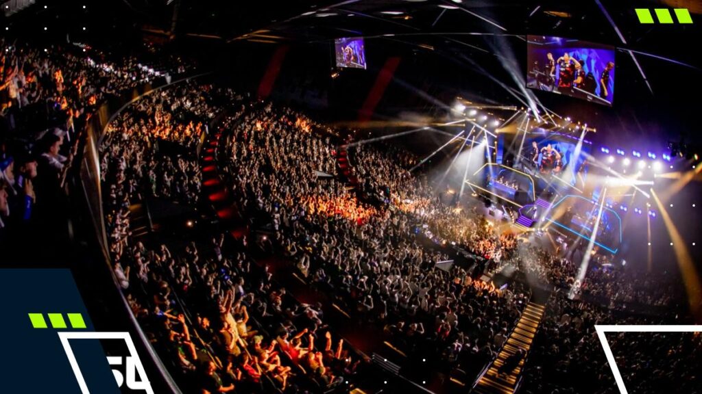 Packed esports arena during a major Counter-Strike 2 tournament, with thousands of fans watching a live CS2 match on a large stage.