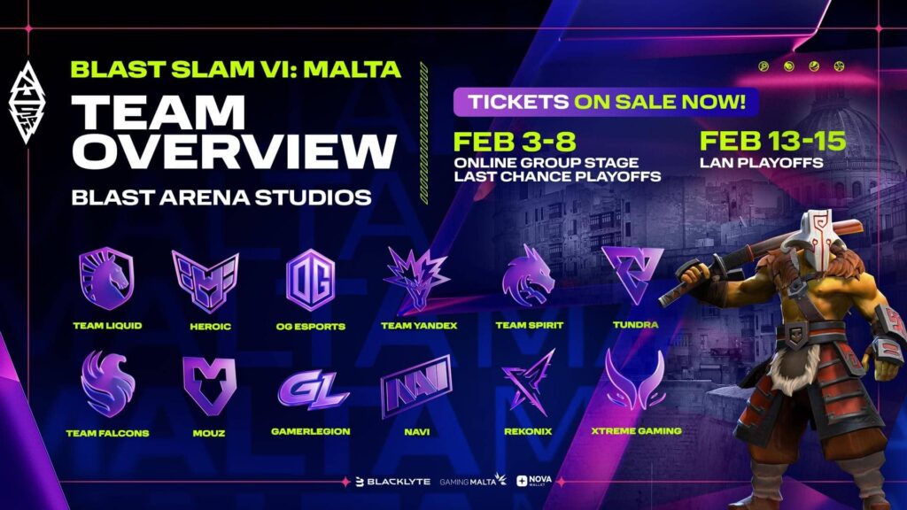 BLAST Slam VI team lineup and schedule graphic for Malta event