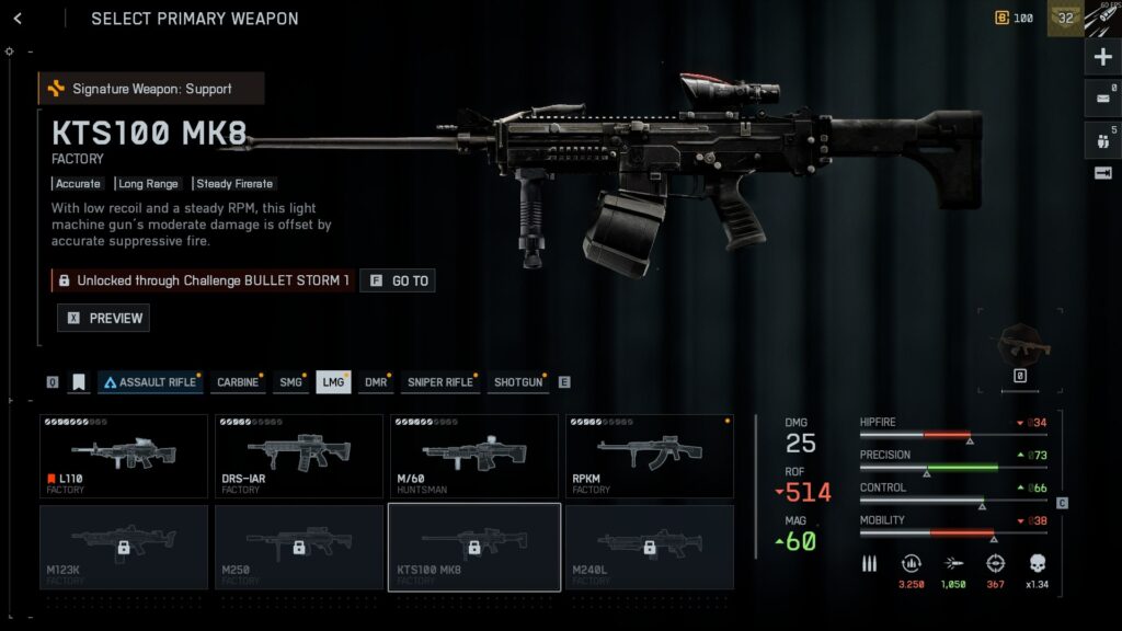 Battlefield REDSEC weapon selection screen showing the KTS100 MK8 LMG with stats and attachments