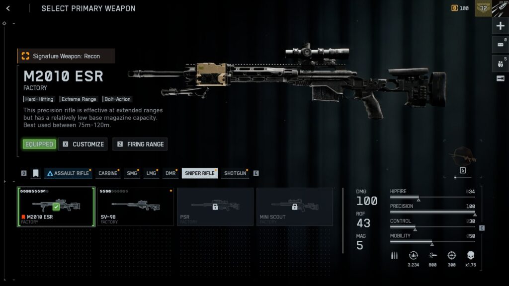 Battlefield REDSEC weapon selection screen showing the M2010 ESR sniper rifle with stats and scope