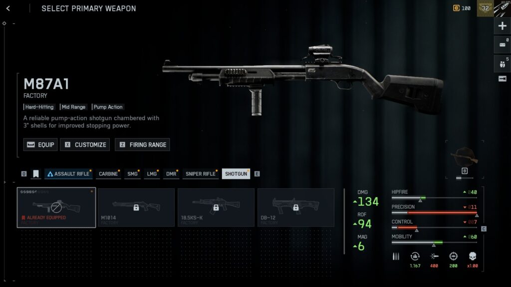 Battlefield REDSEC weapon selection screen showing the M87A1 shotgun with stats and pump-action design