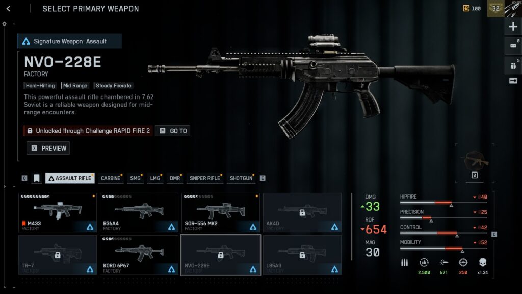 Battlefield REDSEC weapon selection screen showing the NVO-228E assault rifle with stats and attachments