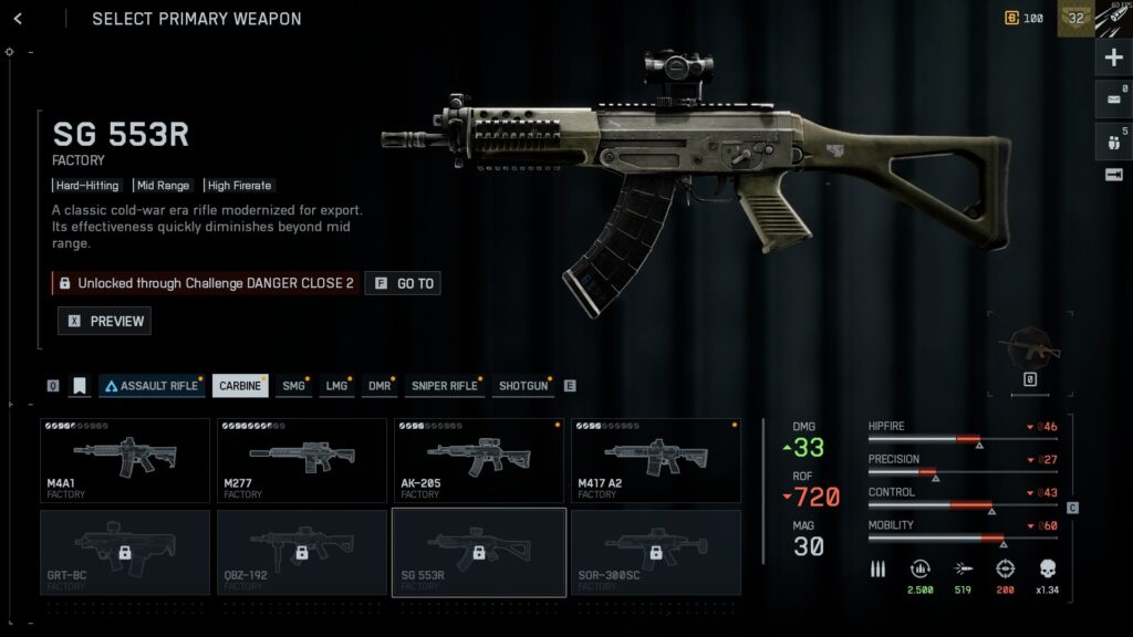 Battlefield REDSEC weapon selection screen showing the SG 553R carbine with stats and attachments