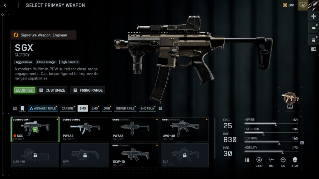 Battlefield REDSEC weapon selection screen showing the SGX SMG with stats and customization options