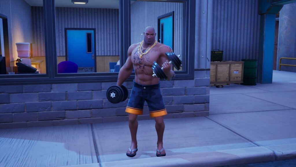 Beach Brutus Fortnite boss holding the Twin Hammer Shotguns, showing his muscular build and beach setting associated with Ripped Tides spawn locations.