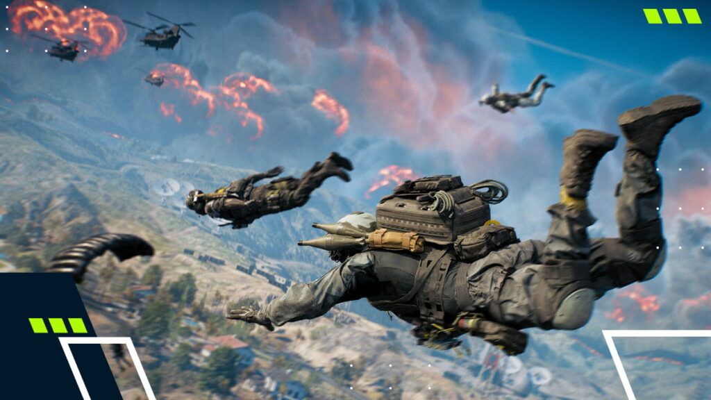 Battlefield REDSEC soldiers skydiving over a battlefield, helicopters in the sky, explosions below