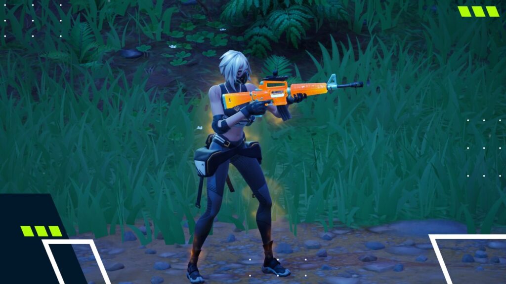 Fortnite character holding an assault rifle in a grassy environment, representing controller gameplay and optimized aim assist settings used to improve accuracy and consistency in 2026.