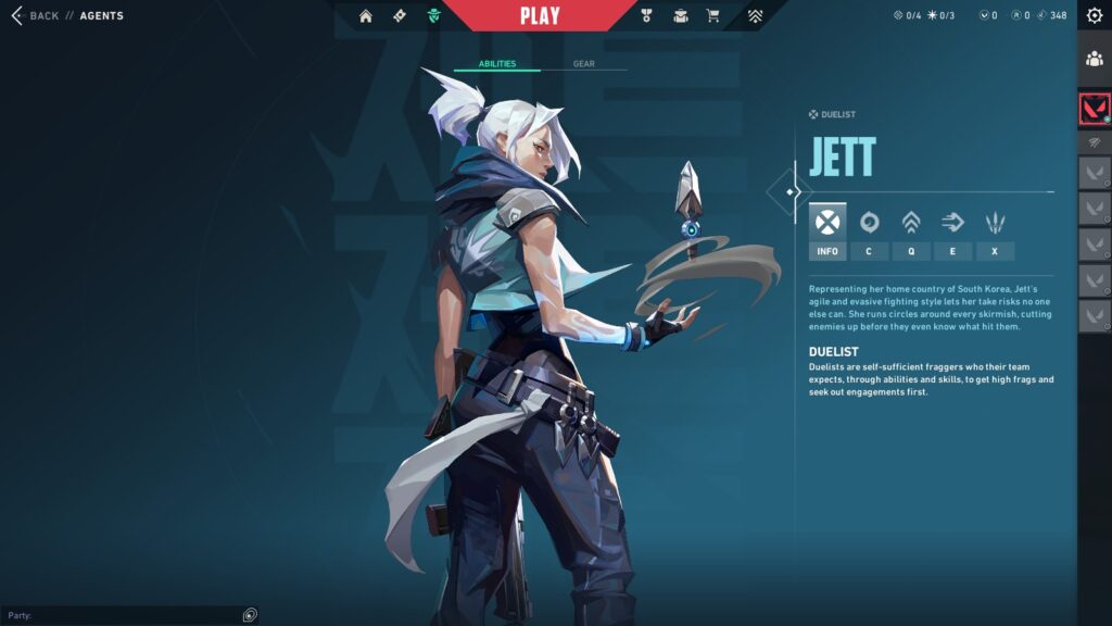 VALORANT agent Jett shown in the agent selection screen, representing high-mobility duelist play on Breeze’s long sightlines.