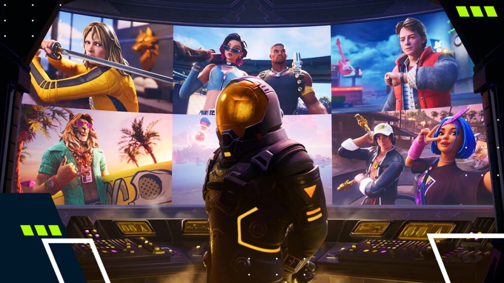 Fortnite characters displayed on a futuristic control room screen, highlighting iconic skins