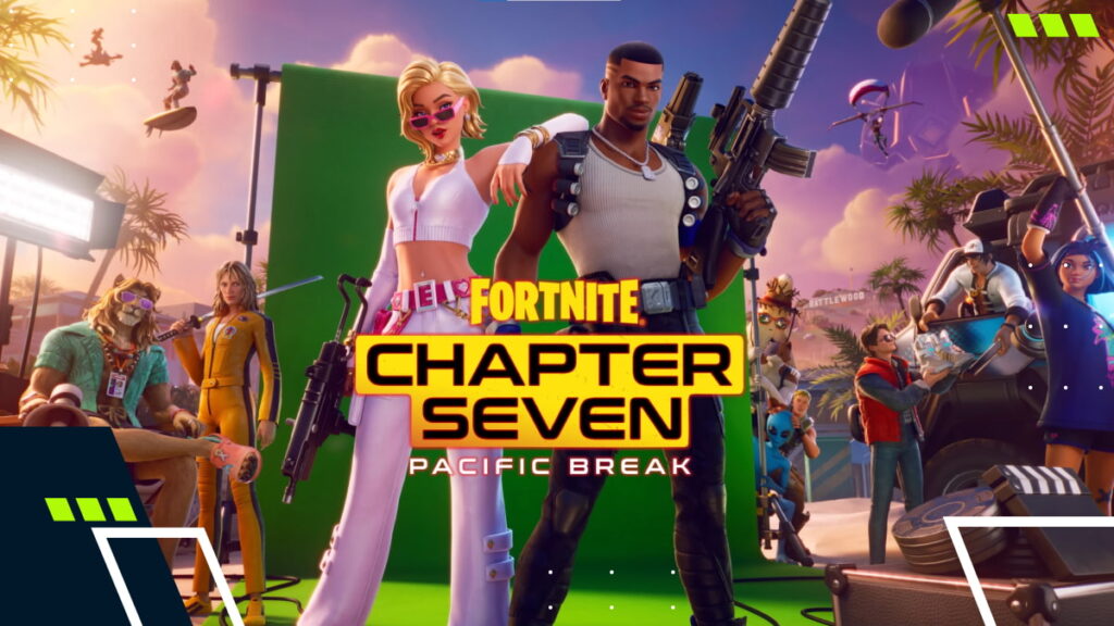 Multiple characters pose on a film set themed island during Fortnite Chapter Seven Pacific Break