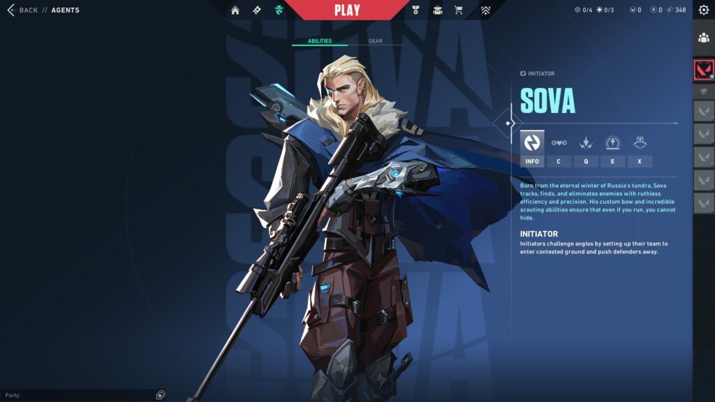 VALORANT agent Sova holding his bow on the agent screen, highlighting reconnaissance and angle-clearing utility on Breeze.