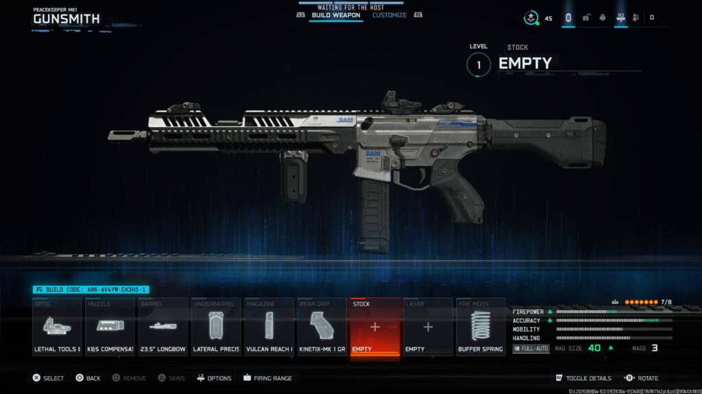 Peacekeeper Mk1 assault rifle shown in the Black Ops 7 Gunsmith with a full attachment setup focused on recoil control, extended damage range, and increased magazine capacity.