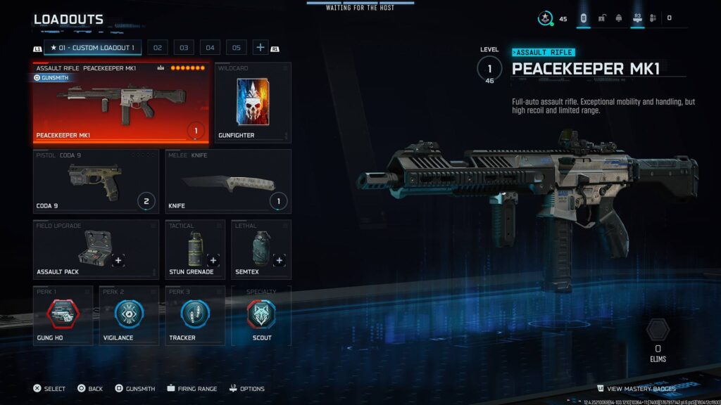 Peacekeeper Mk1 AR class setup screen in Call of Duty Black Ops 7 displaying selected perks, tactical and lethal equipment, and the Gunfighter wildcard for a competitive multiplayer build.