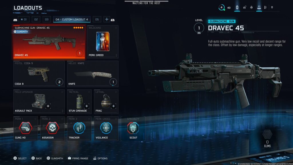 Best perks and equipment setup for the Dravec 45 SMG class in Black Ops 7, including Perk Greed, Assault Pack, stun grenade, frag grenade, and Scout specialty.