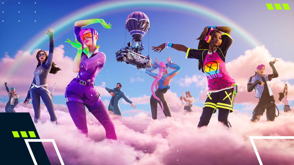 Colorful animated characters dance on pink clouds under a rainbow