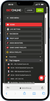 BetOnline Rocket League betting menu options screenshot