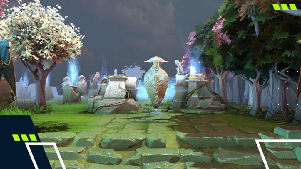 The object in the center is the Radiant Tower, which serves as a defensive structure for one of the sides on the game map in Dota 2