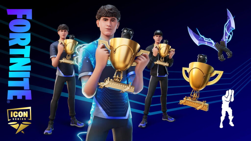 Bugha Fortnite Icon Series skins showing multiple outfit styles holding a golden trophy