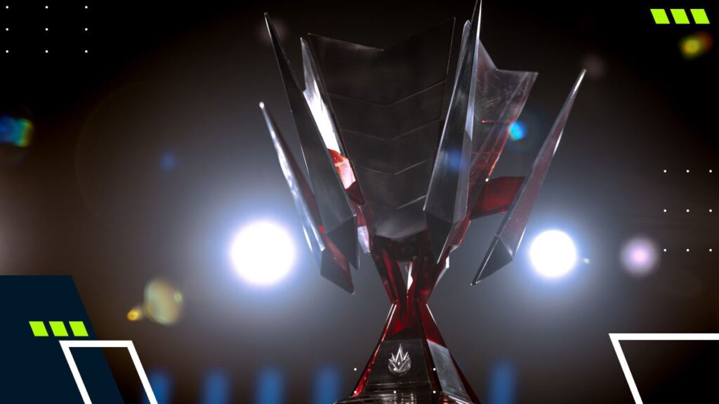 CBLOL championship trophy displayed in a packed arena during a League of Legends esports event.