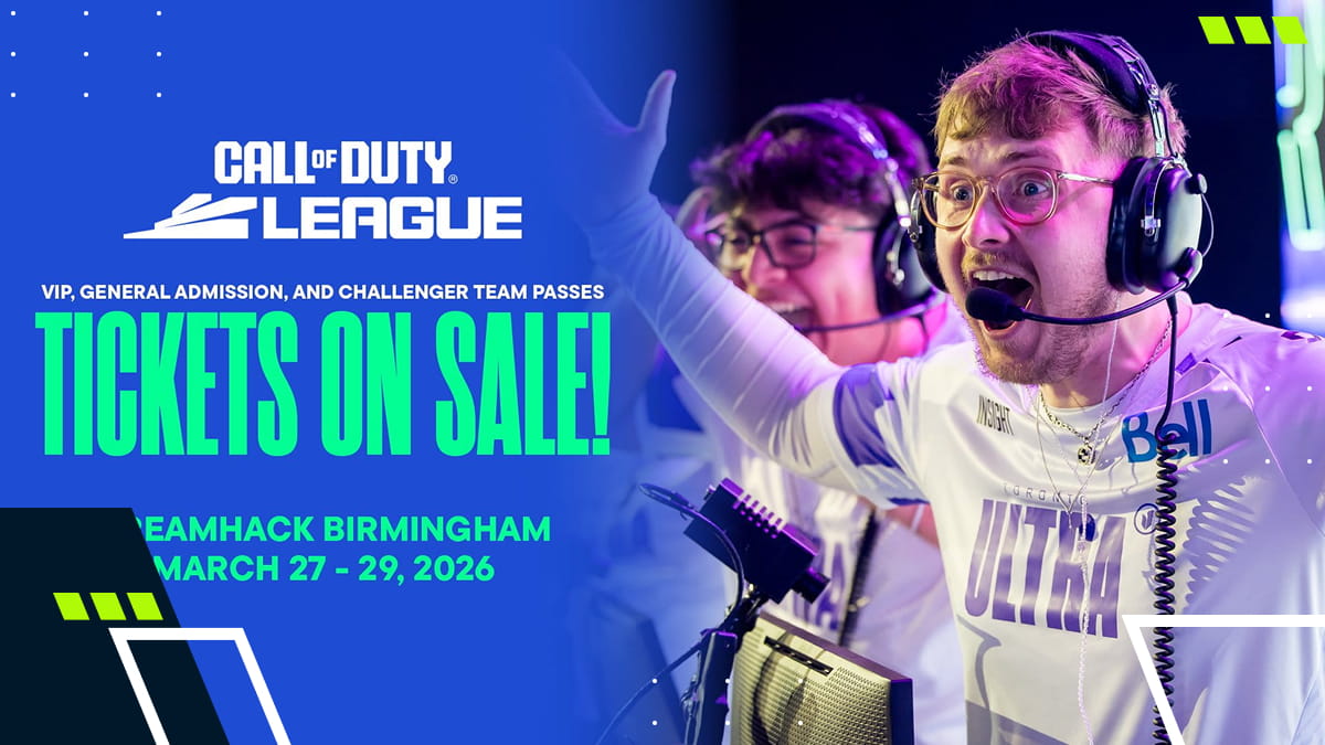 Call of Duty League players celebrating on stage with “Tickets on sale” promotion for CDL 2026 Major 2 at DreamHack Birmingham