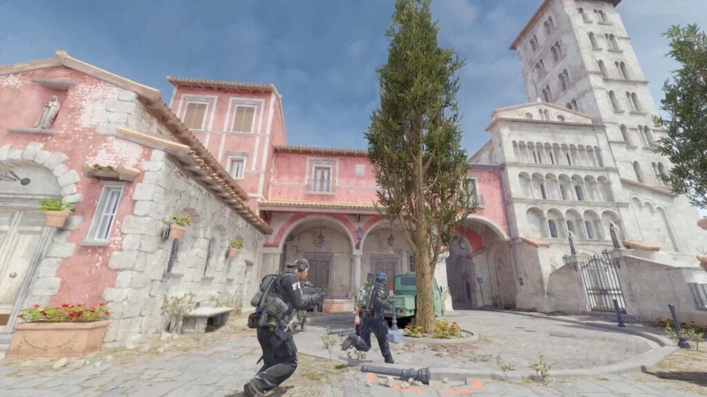 Counter Strike2 Map with 2 characters in tactical gear running on a cobblestone path