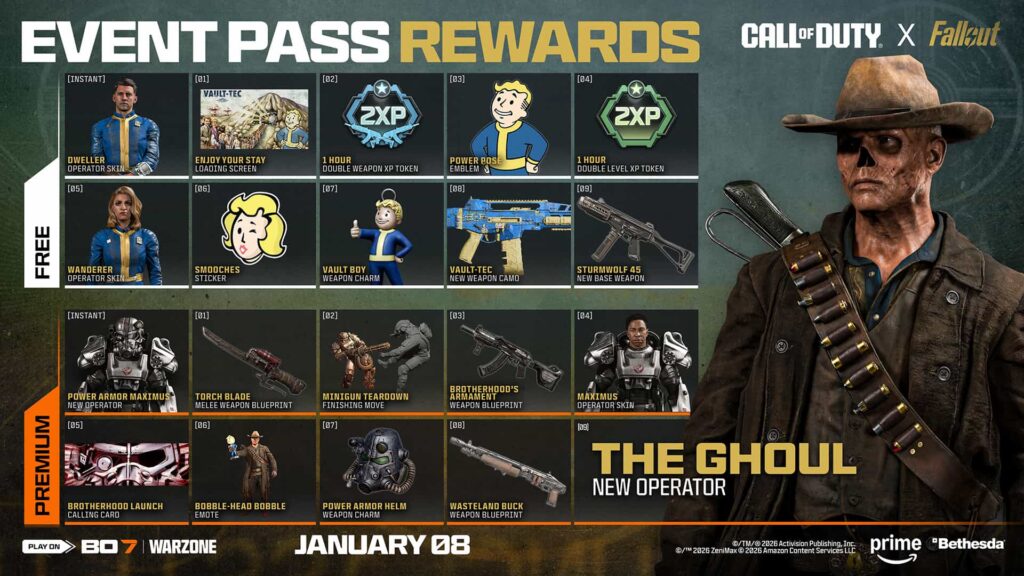Call of Duty x Fallout Event Pass rewards showing free and premium items in Black Ops 7 and Warzone