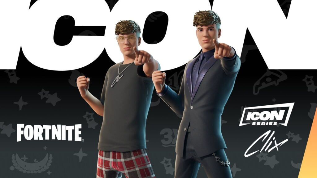 Clix Fortnite Icon Series skins featuring two outfit styles, with the creator’s character pointing forward in casual and formal suits