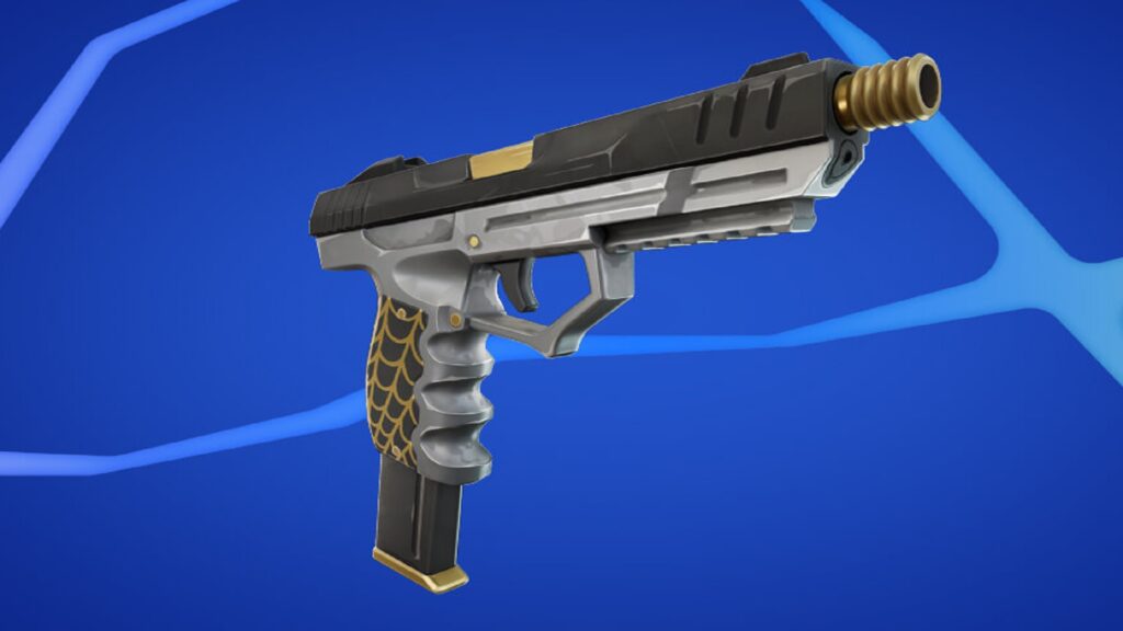 A sleek silver and gold pistol with a textured grip is displayed on a blue background in Fortnite