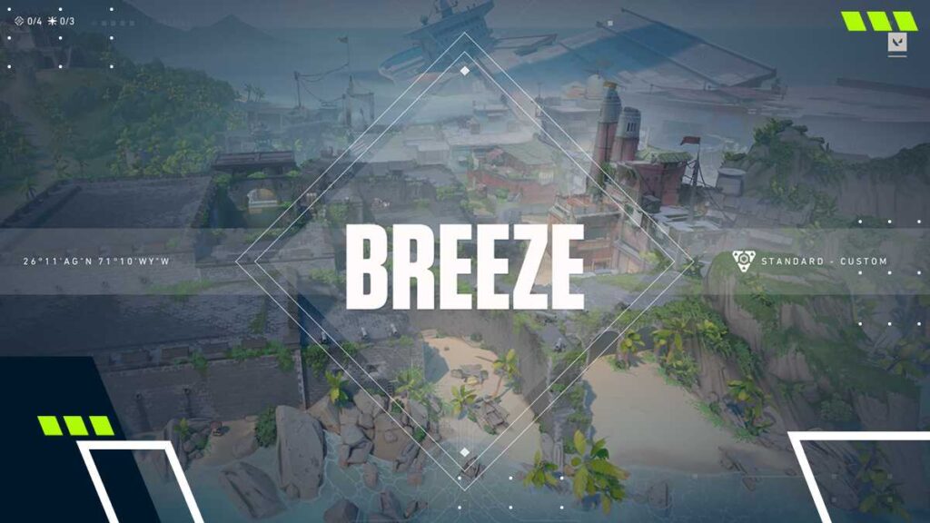 Overview of the VALORANT Breeze map showing its open layout, long sightlines, and key areas used in attack and defense strategies.