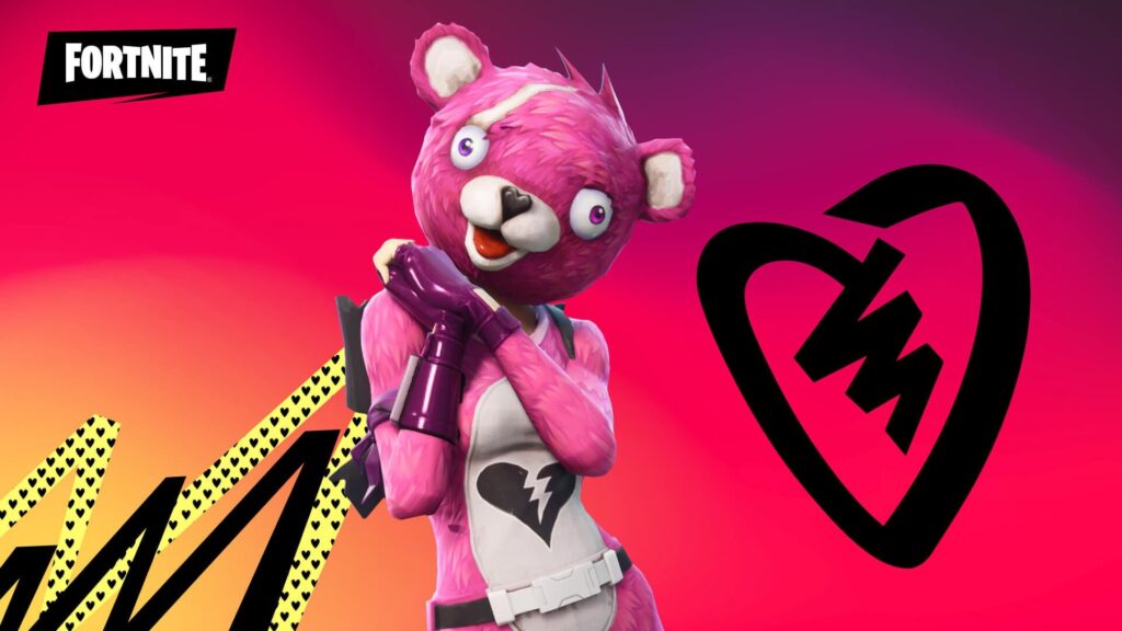 A pink teddy bear character from Fortnite in front of a colorful background