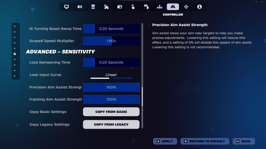 Fortnite advanced controller sensitivity menu displaying deadzone settings, look dampening time, input curve, and precision aim assist strength set to 100 percent for optimal controller performance.