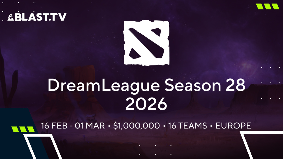 DreamLeague Season 28 Dota 2 banner showing 2026 dates, $1M prize pool, and 16 teams
