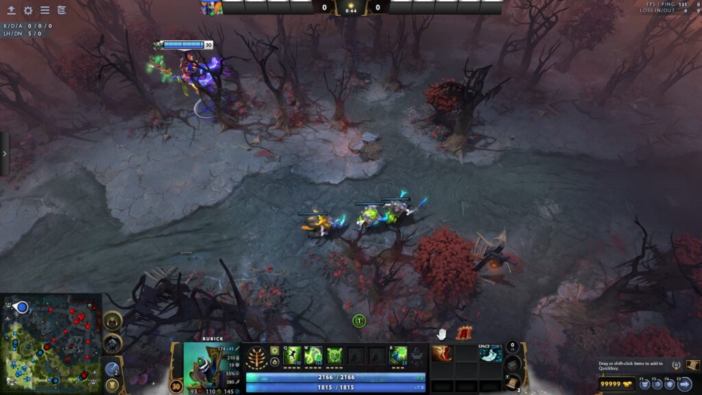 A Dota 2 hero farms creeps on a dark forest lane during the early game