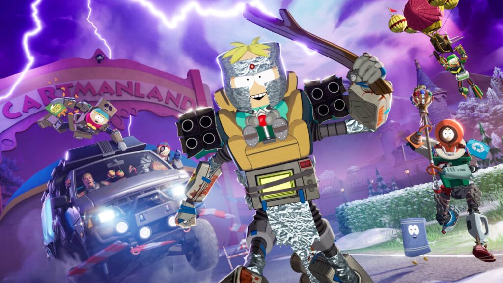 A promotional image for a video game crossover, South Park characters styled in a Fortnite-like battle royale format. The central character is Butters in a large, makeshift robot suit made of cardboard and tinfoil, holding a wooden paddle/axe