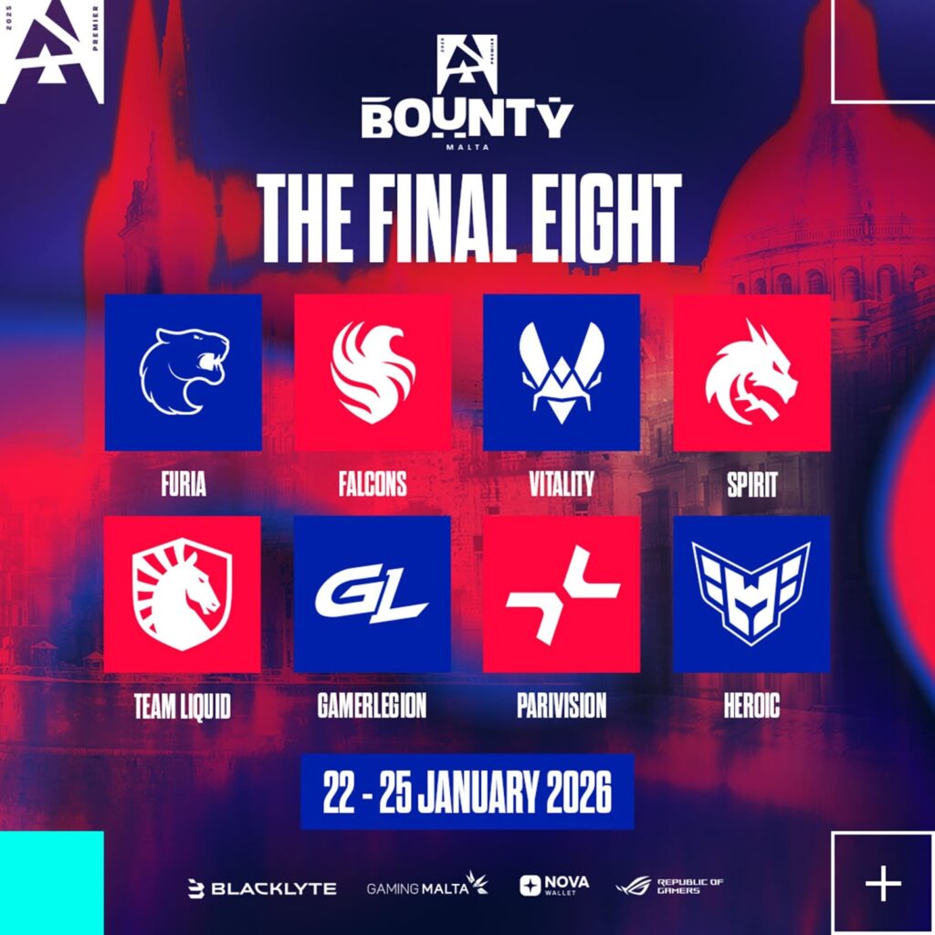Counter-Strike 2 BLAST Bounty 2026 Season 1 Finals graphic showing the final eight teams and dates January 22–25