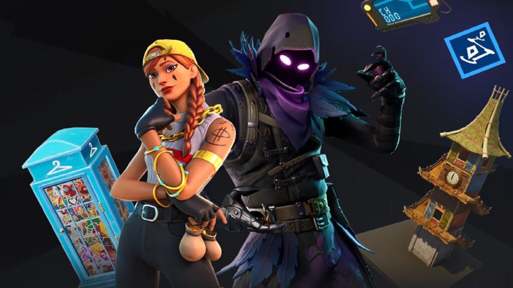 Two Fortnite animated characters poses with a black background