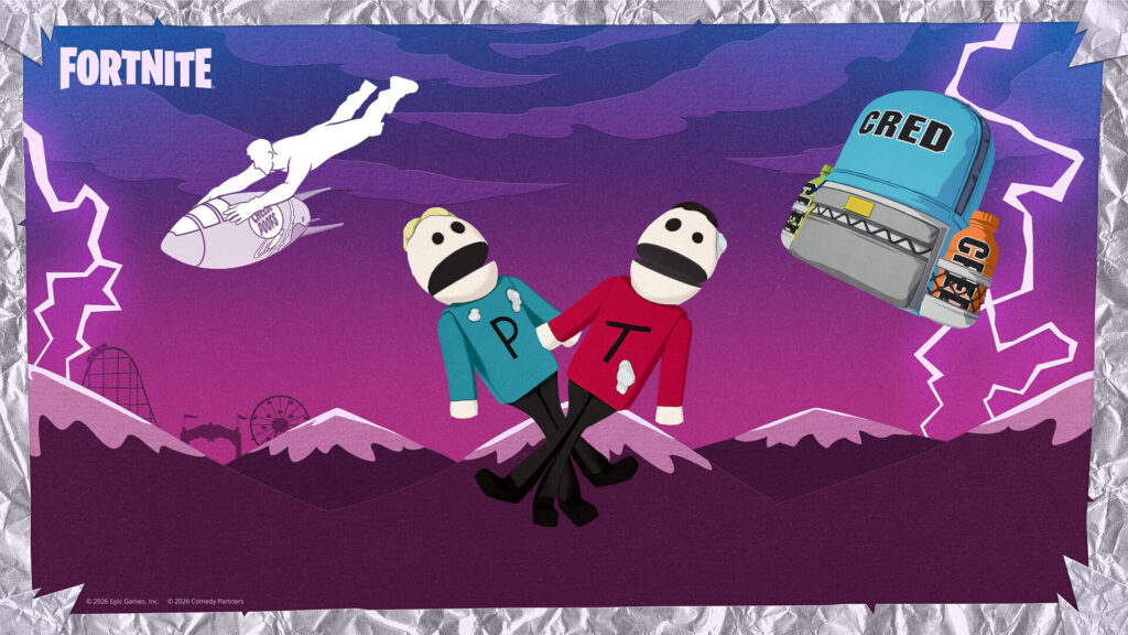 Fortnite artwork with Terrance and Phillip and a Cred backpack