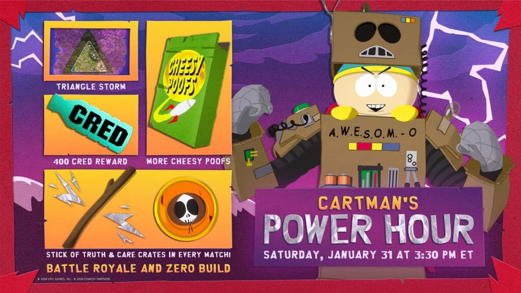 Fortnite Cartman’s Power Hour poster with Cartman in a robot suit and reward icons
