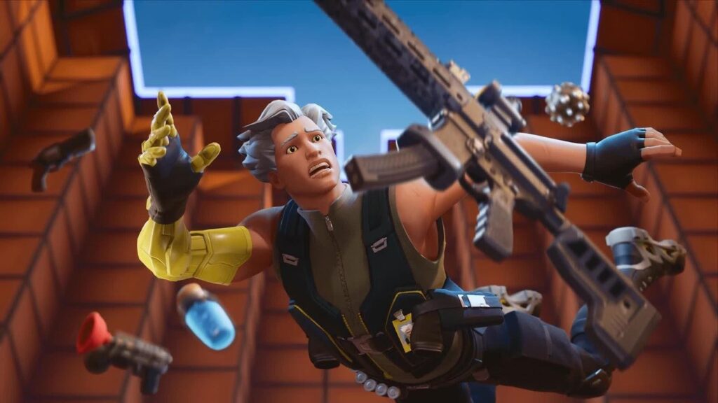 Fortnite character falling mid-fight in a Creative mode map, representing high-XP Fortnite maps used to level up quickly in Chapter 7