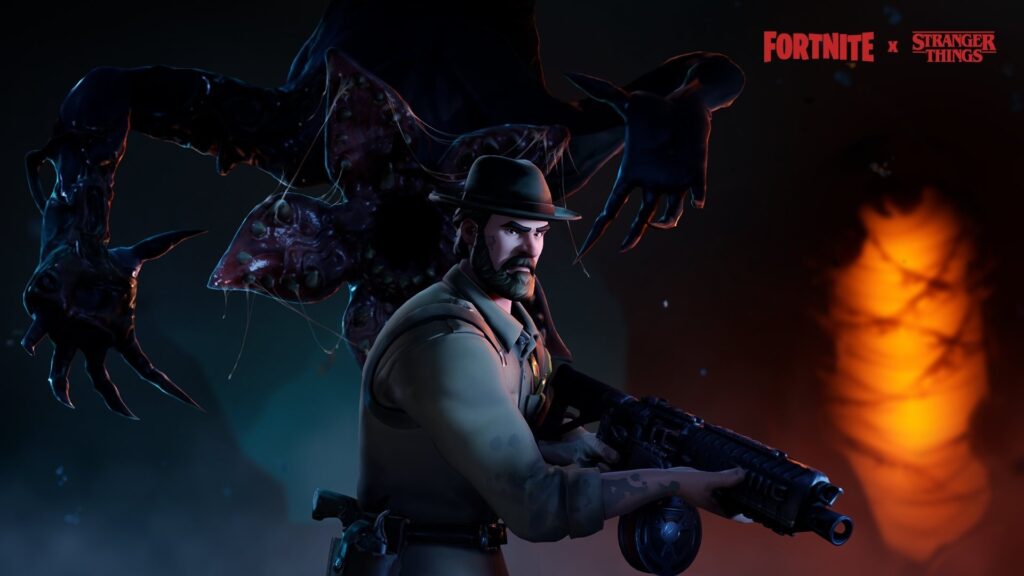 Demogorgon Fortnite skin from the Stranger Things crossover looming behind a survivor character holding a weapon in a dark