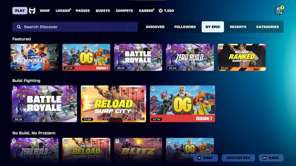 Fortnite Discover menu showing Battle Royale, Zero Build, OG, and Reload playlists with live player counts